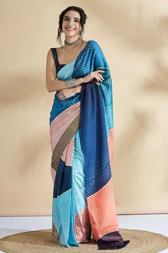 Blue printed crepe casual saree with blouse piece