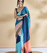 Blue printed crepe casual saree with blouse piece