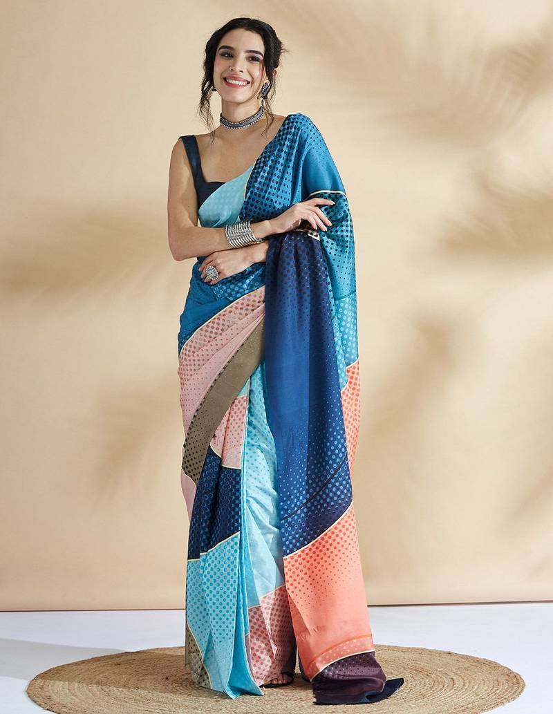 Blue printed crepe casual saree with blouse piece