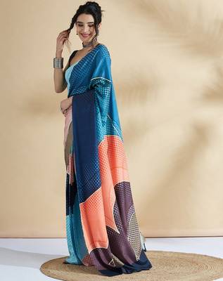Blue printed crepe casual saree with blouse piece 2