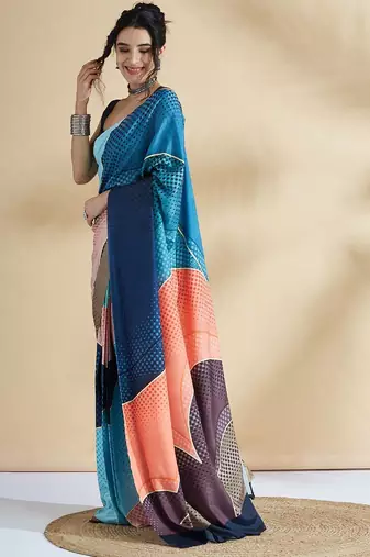 Blue printed crepe casual saree with blouse piece
