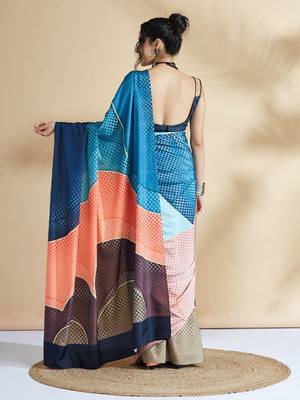 Blue printed crepe casual saree with blouse piece 3