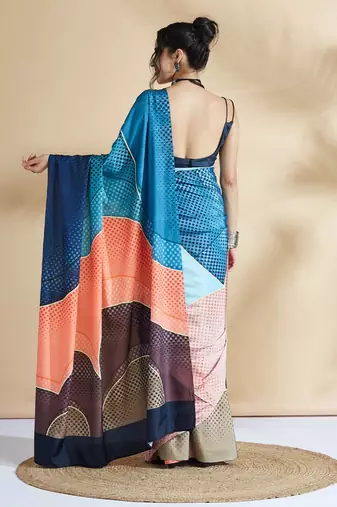 Blue printed crepe casual saree with blouse piece