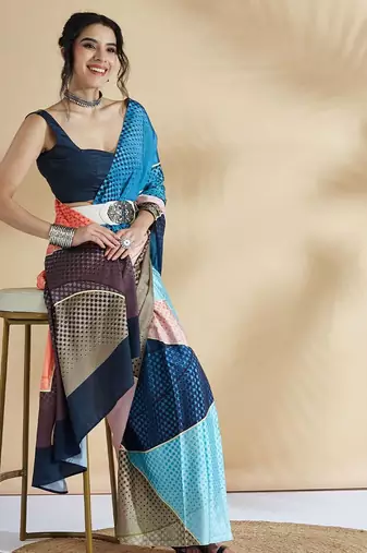 Blue printed crepe casual saree with blouse piece