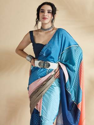 Blue printed crepe casual saree with blouse piece 5