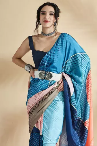 Blue printed crepe casual saree with blouse piece
