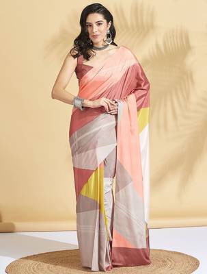 Cream printed crepe casual saree with blouse piece 1