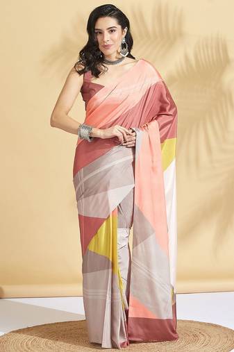 Cream printed crepe casual saree with blouse piece