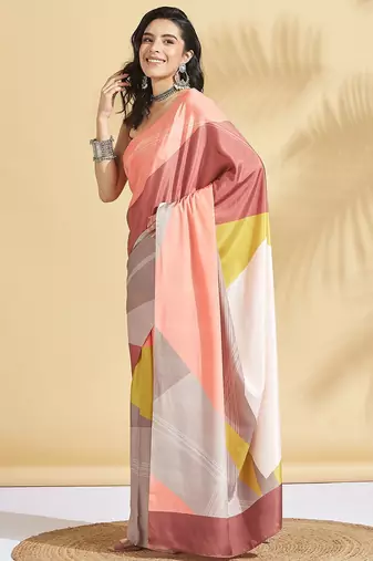 Cream printed crepe casual saree with blouse piece