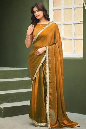 Gold plain chiffon designer saree with blouse piece