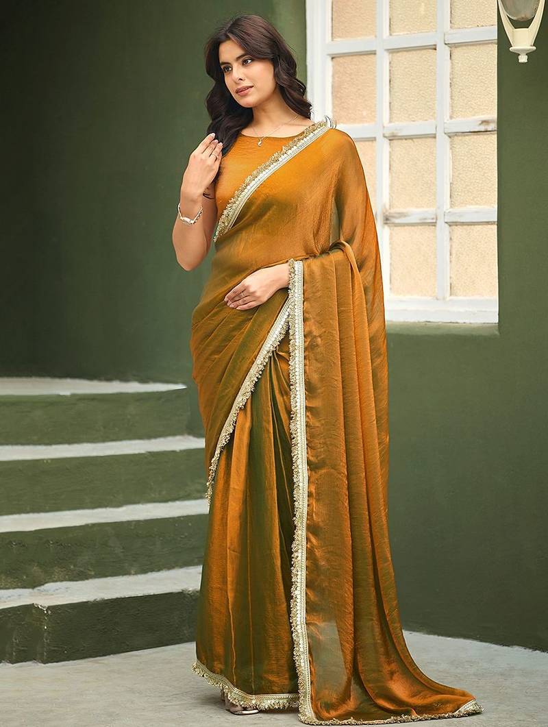 Gold plain chiffon designer saree with blouse piece