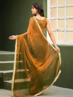 Gold plain chiffon designer saree with blouse piece 2