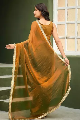 Gold plain chiffon designer saree with blouse piece