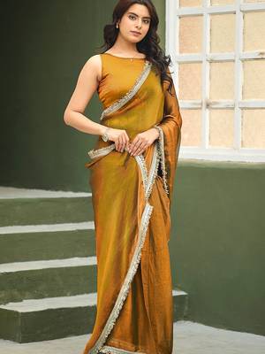 Gold plain chiffon designer saree with blouse piece 3