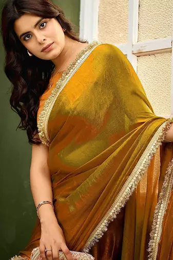 Gold plain chiffon designer saree with blouse piece