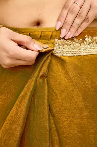 Gold plain chiffon designer saree with blouse piece