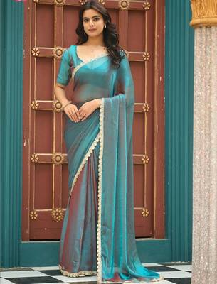 Teal plain chiffon designer saree with blouse piece 1