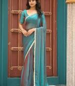 Teal plain chiffon designer saree with blouse piece