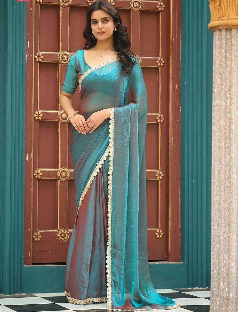 Teal plain chiffon designer saree with blouse piece