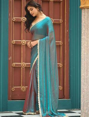 Teal plain chiffon designer saree with blouse piece 3