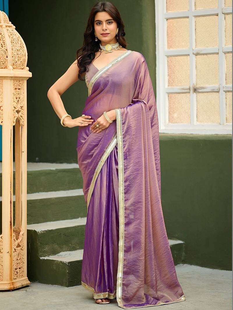 Purple plain georgette designer saree with blouse piece