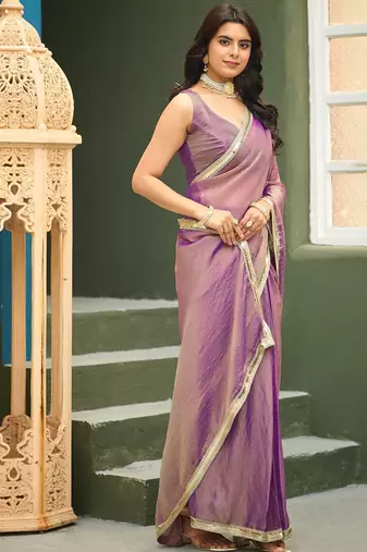 Purple plain georgette designer saree with blouse piece
