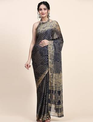 Navy blue printed chiffon festive wear saree with blouse piece 1
