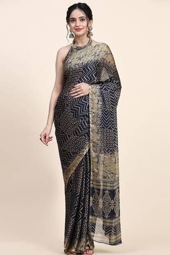 Navy blue printed chiffon festive wear saree with blouse piece