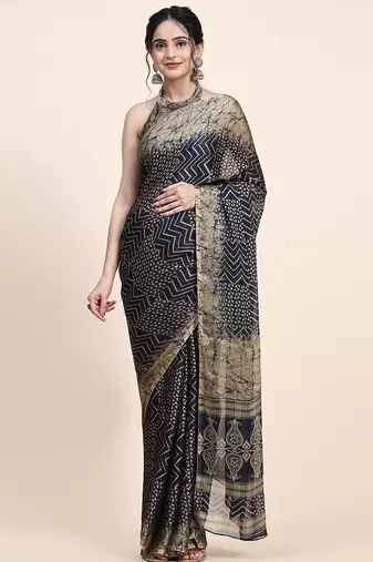 Navy blue printed chiffon festive wear saree with blouse piece