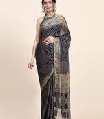 Navy blue printed chiffon festive wear saree with blouse piece