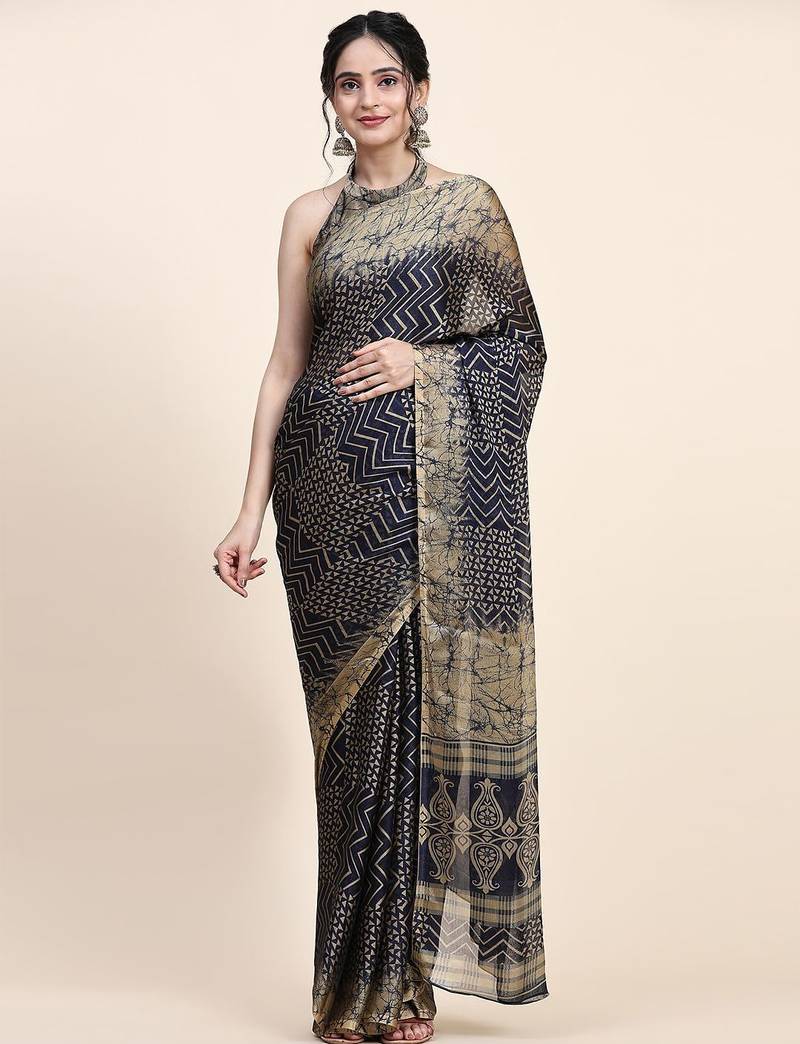 Navy blue printed chiffon festive wear saree with blouse piece