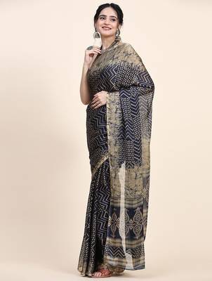 Navy blue printed chiffon festive wear saree with blouse piece 2