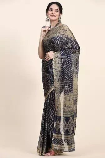 Navy blue printed chiffon festive wear saree with blouse piece