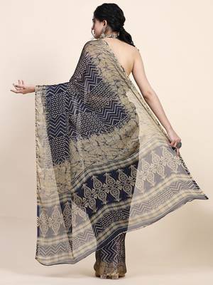 Navy blue printed chiffon festive wear saree with blouse piece 3