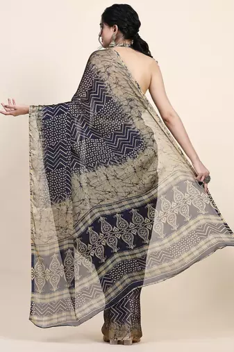 Navy blue printed chiffon festive wear saree with blouse piece