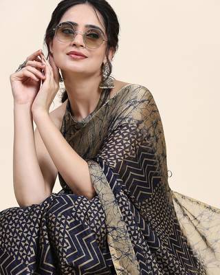 Navy blue printed chiffon festive wear saree with blouse piece 4