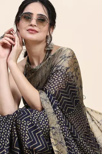 Navy blue printed chiffon festive wear saree with blouse piece