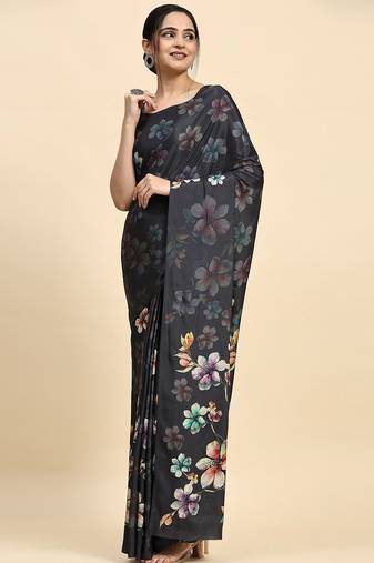 Grey printed satin fashion saree with blouse piece
