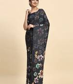 Grey printed satin fashion saree with blouse piece