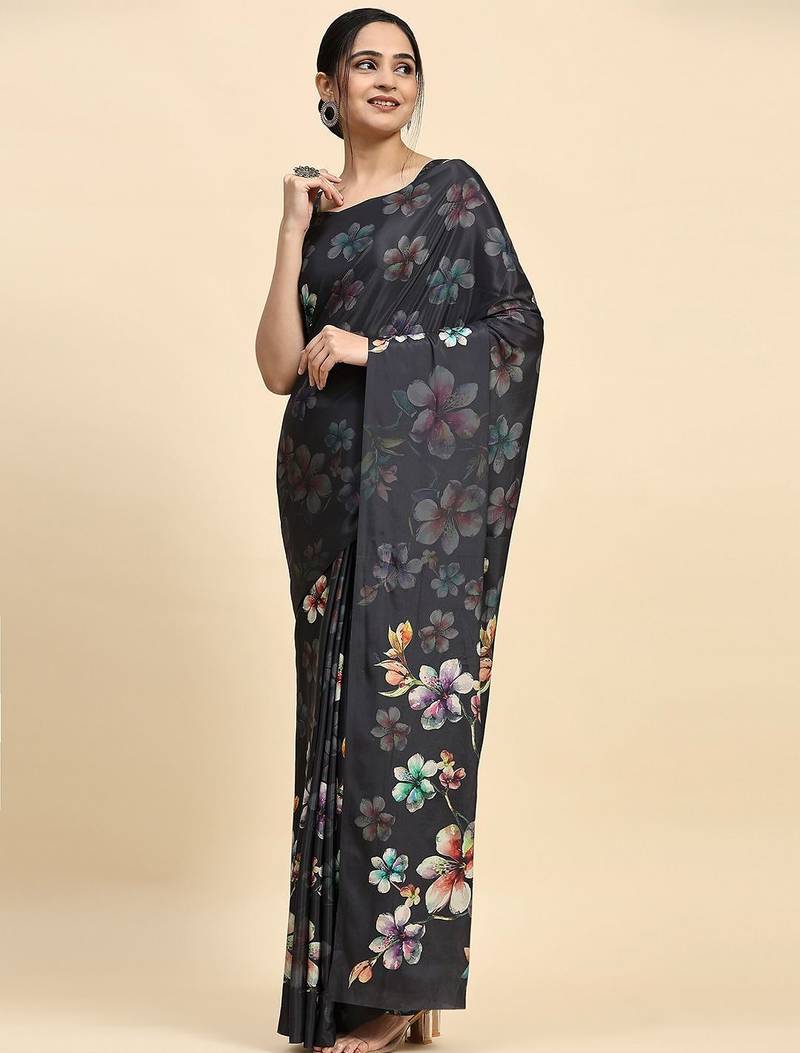 Grey printed satin fashion saree with blouse piece