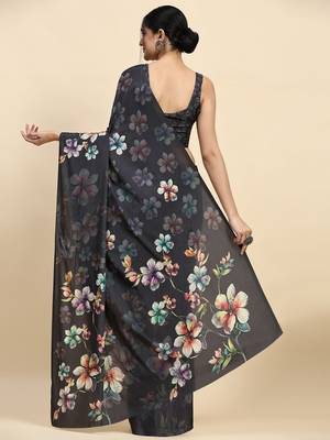 Grey printed satin fashion saree with blouse piece 2