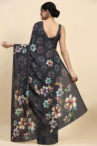 Grey printed satin fashion saree with blouse piece