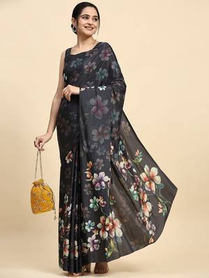Grey printed satin fashion saree with blouse piece 3