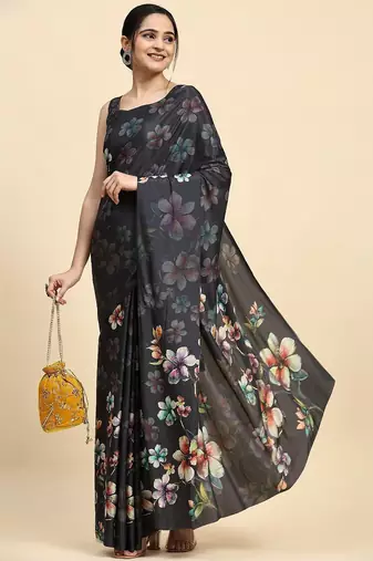 Grey printed satin fashion saree with blouse piece