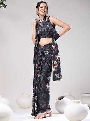 Grey printed satin fashion saree with blouse piece 4