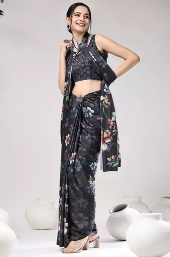 Grey printed satin fashion saree with blouse piece