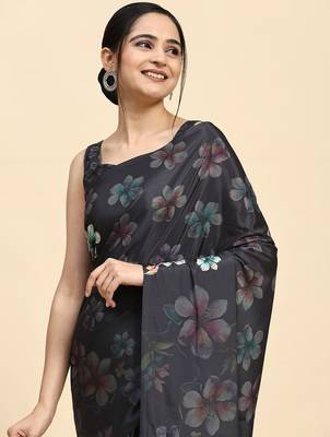 Grey printed satin fashion saree with blouse piece 5