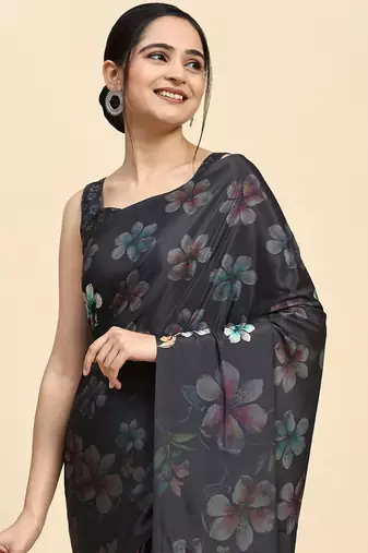 Grey printed satin fashion saree with blouse piece