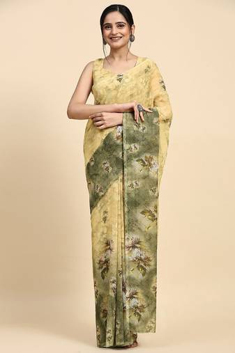 Green printed satin fashion saree with blouse piece