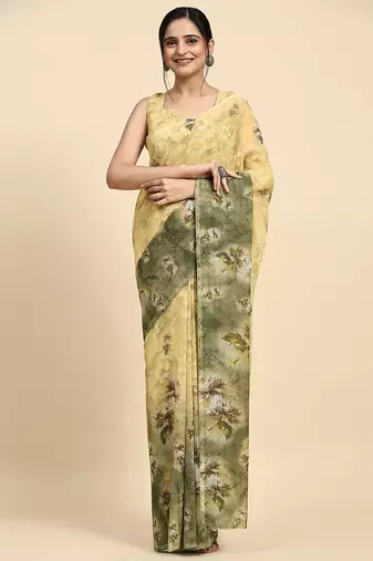 Green printed satin fashion saree with blouse piece